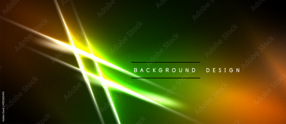 Naklejka premium Abstract neon lines intersect over dark green, orange gradients. Modern background design with bright illumination effects. Simple, dynamic composition.