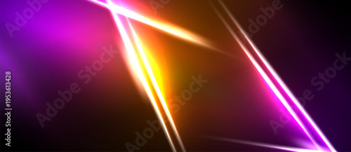 Abstract vibrant lines, purple, orange hues dominate. Diagonal streaks create dynamic visual effect. Dark background enhances luminosity.