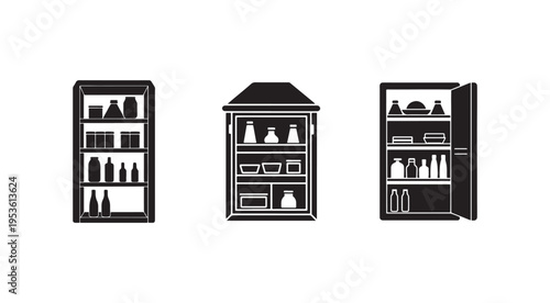 Blackandwhite illustrations of three different refrigerator styles with various items inside  household appliances