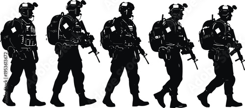 Soldier silhouette set in various walking poses vector illustration with military gear tactical equipment helmet and rifle for army battle combat design