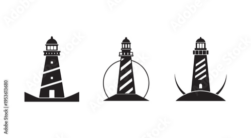 Blackandwhite lighthouse silhouettes with different designs and striped patterns on white background