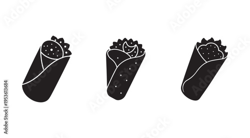 Blackandwhite illustrations of three tacos with different fillings in tortilla wraps side by side on white background