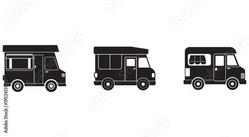 Blacksilhouetteofthreedifferentcampervandesignsinarowisolatedonwhitebackground