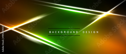 Abstract neon lines create dynamic green, orange glow. Dark background emphasizes bright energy, modern design elements.
