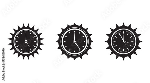 Clocks with sunburst shapes around the clock faces  black and white illustration