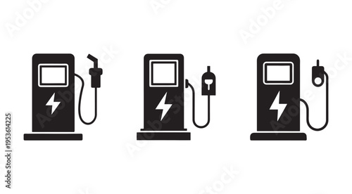 Electric vehicle charging station icons with different plug types for cars  various charging connectors  EV charger symbols