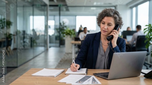 A businesswoman on the phone, taking notes in an office with a modern, open layout filled with greenery