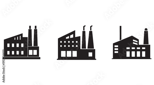 Factory building icons with smokestacks and windows industrial architecture silhouette  industrial buildings with chimneys and smokestacks
