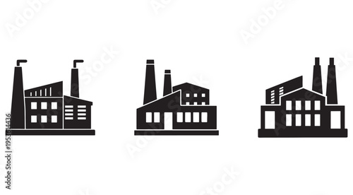 Factory buildings with smokestacks and windows industrial structures with chimneys and vents industrial architecture icons set