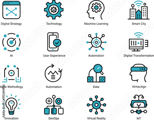 Digital innovation icons set with AI, machine learning, automation, smart city, IoT, virtual reality vector illustration design