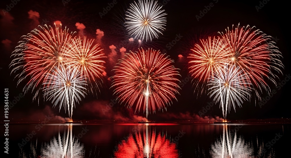 Fototapeta premium A breathtaking night display of vibrant red and white fireworks reflecting over dark still water