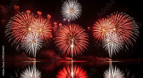 A breathtaking night display of vibrant red and white fireworks reflecting over dark still water