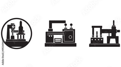 Industrial machine icons  factory equipment symbols  manufacturing tools graphics  industrial machinery illustrations