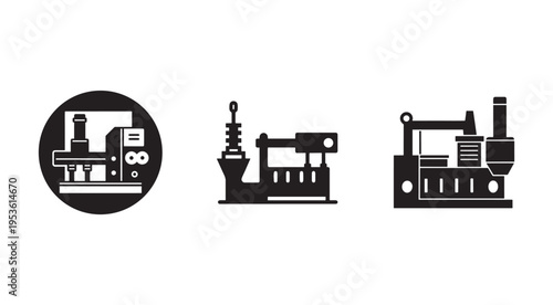 Industrial machines and equipment icons  factory tools and machinery symbols  industrial technology illustrations