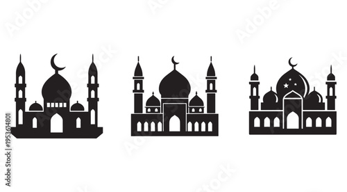 Islamic mosque silhouettes with domes and minarets on white background  religious architecture symbols