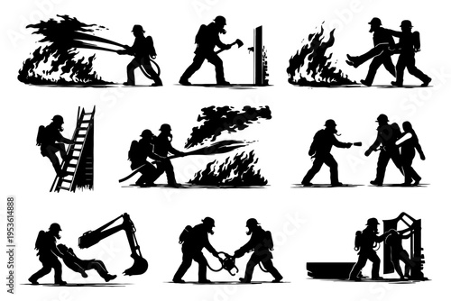Silhouettes of firefighters in action: rescuing and extinguishing fires.