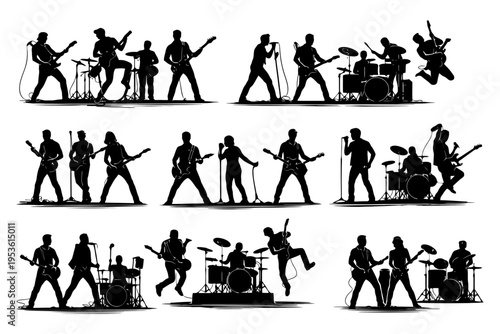 Energetic rock band silhouettes with musicians playing guitars and drums.