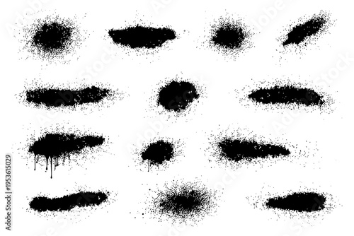 Collection of black grunge spray paint splatters on white background.