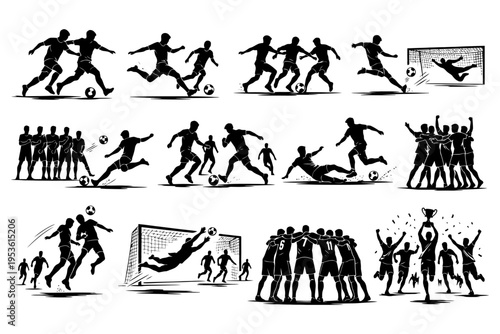 Silhouette soccer action with players kicking, defending, and celebrating goals.