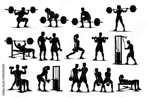 Diverse group engaging in strength training with various weightlifting exercises silhouettes.