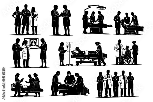 Medical professionals in various healthcare settings and collaborative environments.