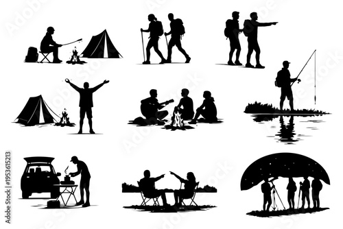 Silhouettes of outdoor activities: camping, hiking, fishing, and campfire scenes.
