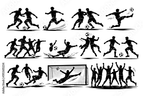 Silhouette soccer action figures: dynamic kicks, passes, and goal celebrations.