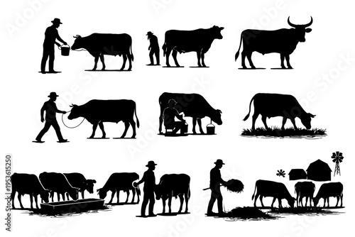 Silhouettes of farmers and cows in various farming activities.