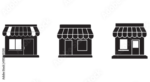 Set of black and white storefronts with awnings and windows  shop icons