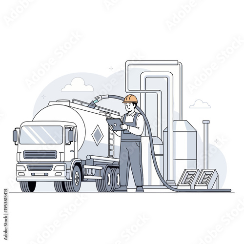 Logistics worker using tablet at energy facility with tanker truck and pipelines