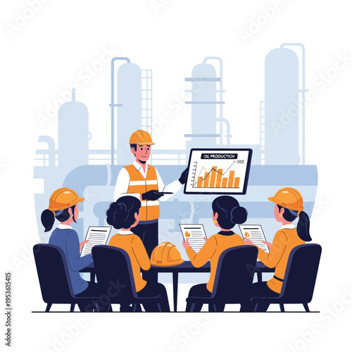 Energy engineer presenting oil production data to a team in an industrial setting