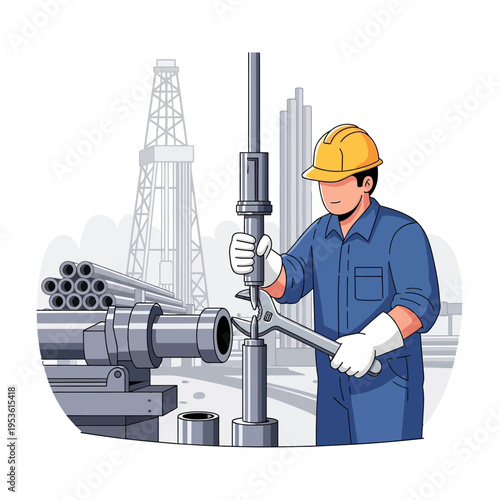 Drilling technician in safety gear connecting equipment at an oil and gas rig site