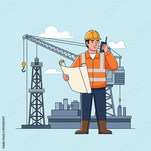 Construction Engineer Supervising Project with Blueprint and Crane on Site