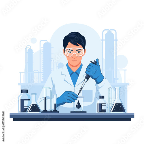 Scientist conducting experiments with chemicals and equipment in a laboratory setting
