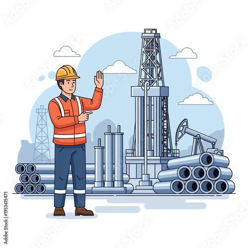 Oil drilling site supervisor directing operations near pumpjack and pipelines