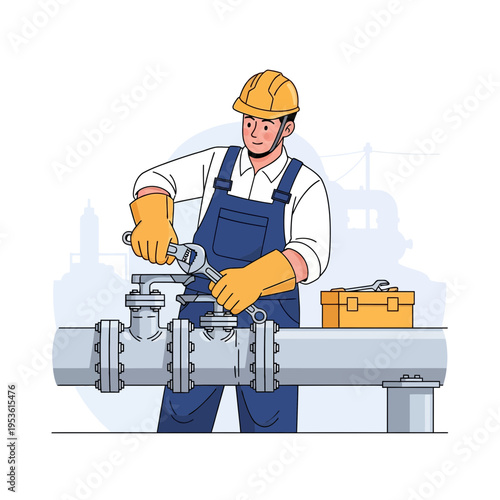 Skilled technician wearing a hardhat and blue overalls diligently repairs a large industrial pipe with a wrench