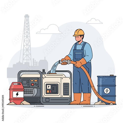 Oil industry worker fueling a portable generator at an outdoor worksite with a drilling rig in the background