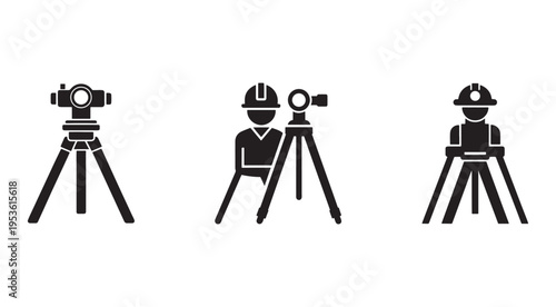 Set of simple monochrome illustrations of people operating surveyor equipment  theodolites on tripods for construction site measurement