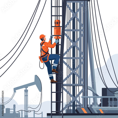 Oil rig worker in safety harness climbing tall drilling tower with pump jack in background