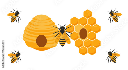 Bees flying around honeycomb hive.