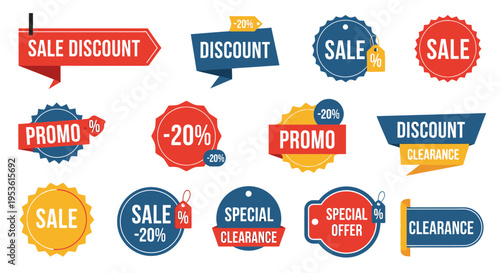 Collection of sale discount promo labels.