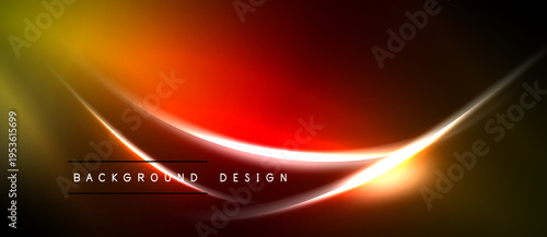 Abstract background features vibrant orange, yellow, red hues. Smooth curves create dynamic light effect. Modern design element.