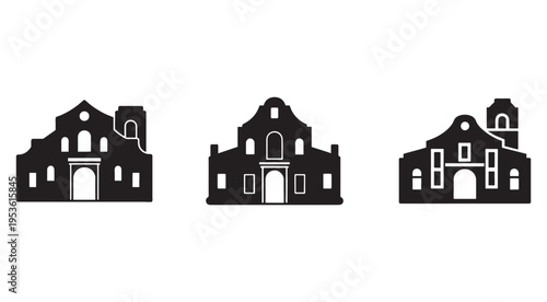 Set of three black and white illustrations of old spanish style buildings with arched doorways and windows  isolated on white background