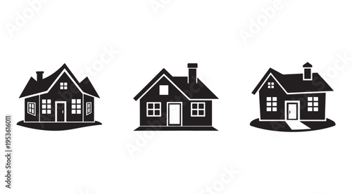 Set of three black house silhouettes with white outlines and details on white background  simple iconic residential buildings