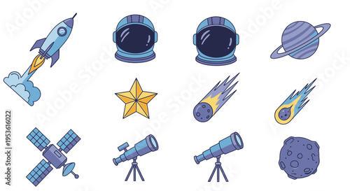 Space objects and astronomy equipment.
