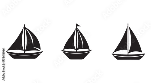 Set of three black sailboats with different sail configurations on white background  simple vector graphics