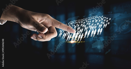 Foto Hand Pointing Towards Digital Network Connections Representing Global People Interactions and Social Media Engagement in Modern Technology Environment Quark