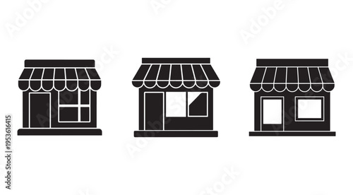 Set of three storefronts with awnings and windows for business or shopping icons  simple black silhouettes on white background