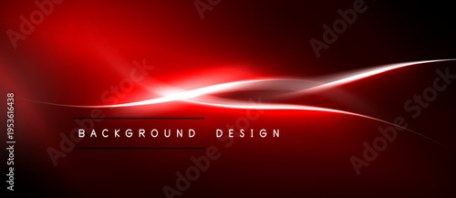 Abstract red design features flowing lines, bright light streaks. Dark background creates dramatic visual impact. Simple text labels bottom center.