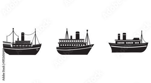 Set of vintage ship silhouettes with smokestacks and masts on white background  various old ocean liner designs
